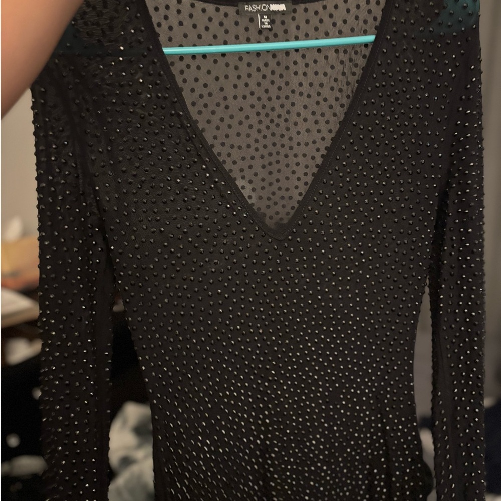 Fashion Nova Black Embellished Long Sleeve Dress